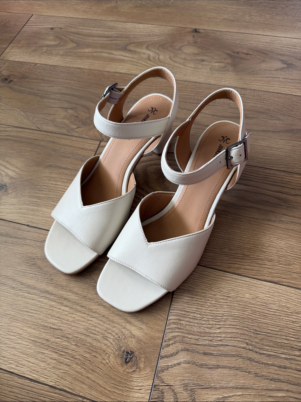 Johnston & Murphy Cream Open-Toe Ankle Strap Heels